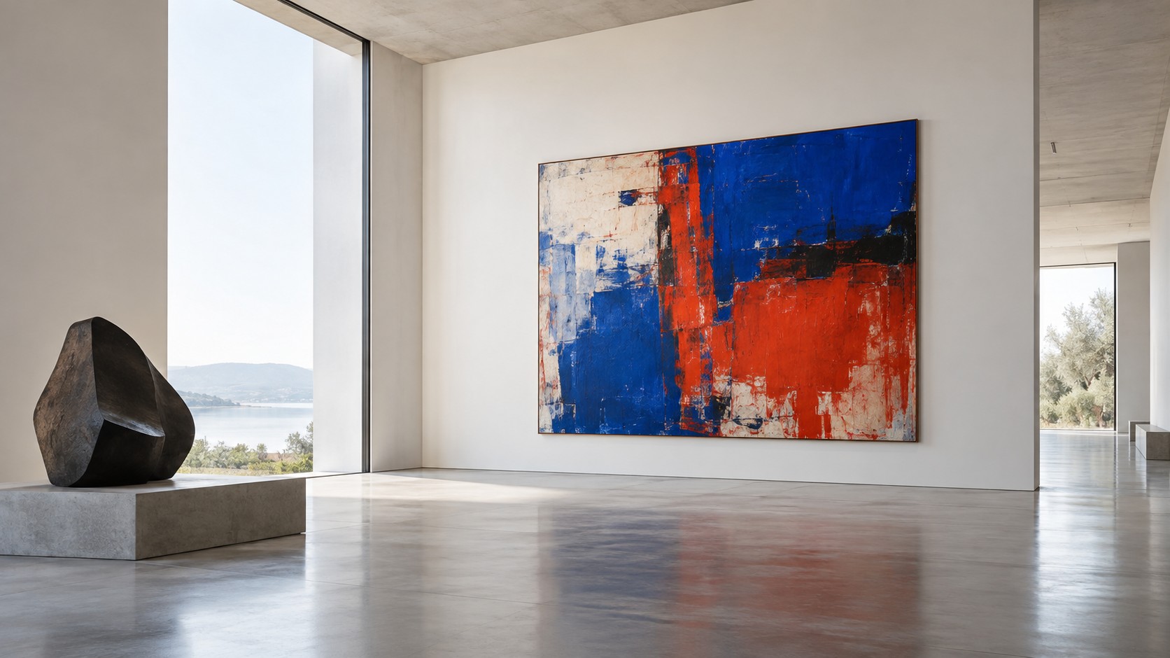Concept image of a contemporary gallery with abstract painting and sculpture